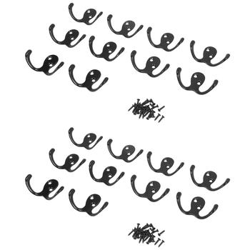 20 Шт сверхпрочных крючков для одежды с двойным зубцом, крепящихся на стену с помощью 40 винтов (черный)