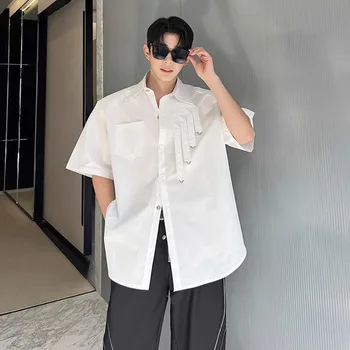2023 Летние ленты Корейская модная рубашка с коротким рукавом Мужская повседневная блузка с подкладкой на плечах Harajuku Camisas De Hombre
