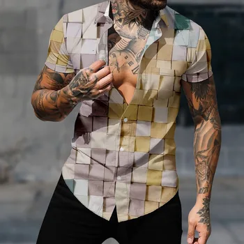 2023 Мужская рубашка в клетку с принтом, повседневный топ с короткими рукавами, рубашки для пляжных вечеринок, свободная гавайская рубашка на пуговицах