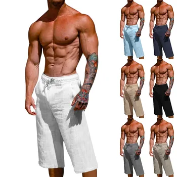 2023 Новые модные мужские брюки, летние свободные льняные хлопчатобумажные дышащие капри, мужские спортивные повседневные шорты