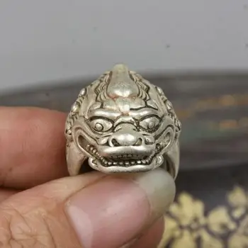3,1 См Старинное китайское кольцо Miao Silver Unicorn Beast Head Beast Jewellery для рук