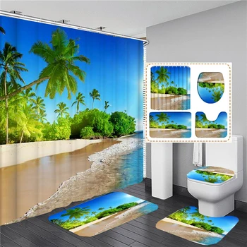 3D морской пейзаж Пляж Приморский пейзаж Наборы занавесок для душа Крышка унитаза Противоскользящий коврик для ванной Ковер Коврики Занавеска для ванной с крючками