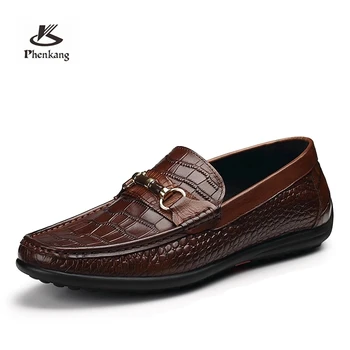 Phenkang/ Мужская Кожаная Летняя Повседневная обувь без застежки с текстурой Аллигатора, Мужские лоферы, Мужские кофейные Лоферы, Обувь для вождения