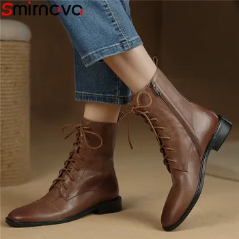 Smirnova / Новинка 2022 года; Высококачественные зимние женские ботинки; модельные туфли на низком квадратном каблуке; Ботильоны из натуральной кожи;