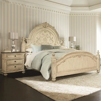 Американская роскошная резная кровать из цельного дерева Французская антикварная двуспальная кровать в старой спальне