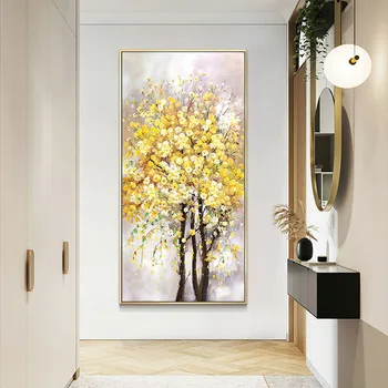 Вертикальная легкая роскошная декоративная роспись ручной работы, плакат с золотым деревом Фортуны и цветком, висящий в гостиной, прихожей