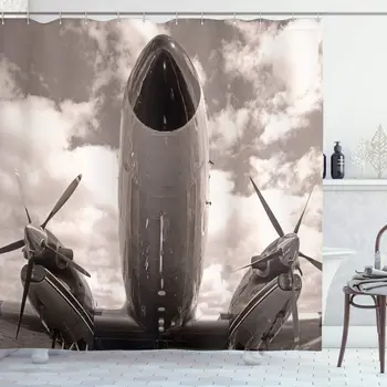 Винтажная занавеска для душа в самолете, нос турбовинтового самолета Крупным планом и авиационный набор для декора ванной комнаты в облачном небе