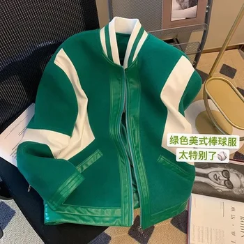 Винтажная зеленая бейсбольная базовая короткая куртка Cyber Y2k Весенняя одежда для Techwear Свободная женская одежда BF Мужская зимняя верхняя одежда