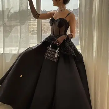 Выпускное платье Катерины в новом стиле, простые атласные Черные вечерние платья трапециевидной формы без бретелек, вечерние платья Длиной до пола, Robe De Soirée