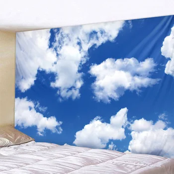 Голубое небо и белые облака, гобелен, висящий на стене в стиле хиппи, фоновая ткань для комнаты в стиле бохо, домашний декор, пляжный коврик, коврик для йоги, диван, простыня