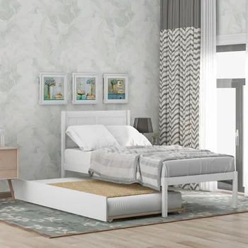 Двуспальная кровать-платформа Деревянная кровать-платформа с выдвижным ящиком из массива белого дерева [на складе в США]