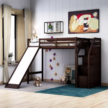 Двуспальная кровать-чердак с местом для хранения и горкой \ Espresso Espresso Pine [со склада в США]