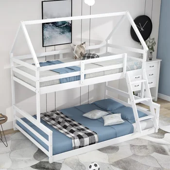 Двухъярусная кровать Twin Over Full House со встроенной лестницей\ Белая сосна [на складе в США]