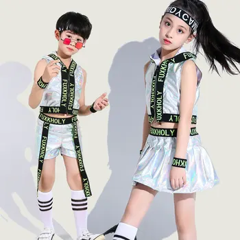Детский джазовый сценический костюм, детские джазовые танцевальные костюмы, одежда для выступлений в стиле хип-хоп с блестками для мальчиков и девочек