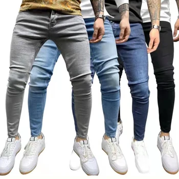 Джинсы мужские узкие Облегающие Синие Черные джинсовые брюки в стиле хип-хоп Повседневные джинсы для мужчин Уличная одежда Повседневные джинсы