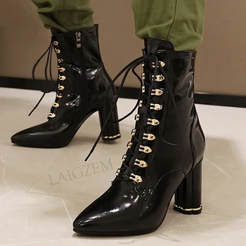 Женские ботильоны LAIGZEM на молнии сбоку, Прозрачные ботинки ручной работы на толстом высоком каблуке с острым носком, женская обувь, большие размеры 33 40 42 43
