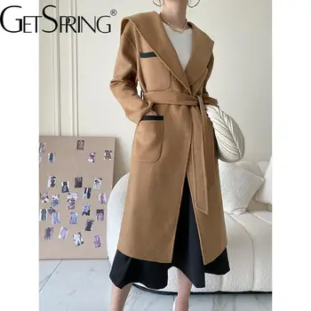 Женское шерстяное пальто GetSpring, Темпераментная Однотонная Зимняя шерстяная куртка на шнуровке, Универсальное Свободное Длинное пальто для отдыха, Новинка осени 2022 года