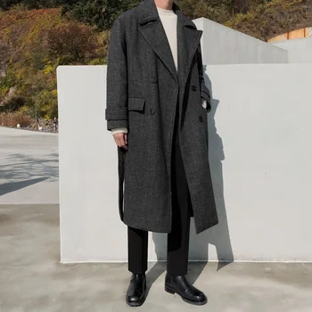 Зимнее утолщенное шерстяное пальто, мужская корейская версия, ветровка выше колена, средней длины, свободное пальто из ткани в елочку, Модная одежда