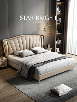Итальянская светлая роскошная кожаная кровать простая двуспальная кровать в главной спальне высококачественная свадебная кровать Nordic из цельного дерева queen bed