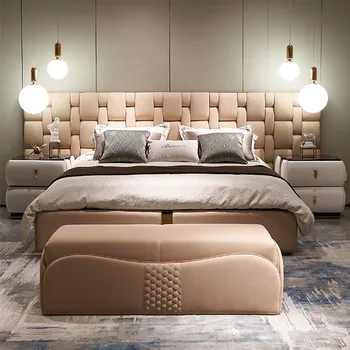 Итальянская светлая роскошная кожаная двуспальная кровать в главной спальне кожаная кровать размером 1,8 м современная простая мебель