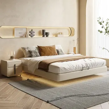 Итальянский минималистичный кожаный подвесной каркас для мебели для спальни, японская кровать из массива дерева для главной спальни, двуспальная кровать 1,8 м