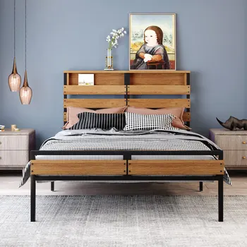 Каркас кровати из металла и дерева, изголовье и изножье с полками для хранения, Полноразмерная кровать-платформа 80,3 
