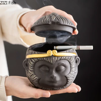 Керамическая пепельница для сигар в китайском стиле с крышкой, пепельница Monkey King, домашняя портативная зажигалка и инструменты для курения, подарок для парня