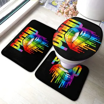 Коврики для ванной Комнаты, Комплект из 3 предметов, Коврик Для ванной + Контурный Коврик + Крышка Унитаза с Нескользящей Подкладкой (Gay Rainbow Lips Pride)