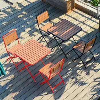 Комбинация стола и стула из пластикового дерева на открытом воздухе, балкон во внутреннем дворе, Наборы садовой мебели для отдыха, железное искусство