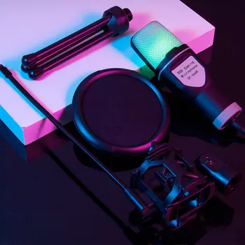 Комплект Микрофона Для Записи Дешевый RGB 3,5 мм USB с Амортизационным Креплением Штатив Ноутбук Настольный Проводной Компьютерный Игровой Микрофон для ПК Сотовый Телефон
