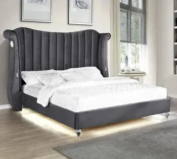 Кровать Queen LED, бархатная кровать в современном стиле с динамиками Bluetooth, дизайн в виде гвоздей