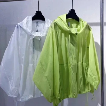 Куртки Женские с капюшоном Летние солнцезащитные пальто на молнии Тонкая свободная прозрачная верхняя одежда Дышащая верхняя одежда Легкая одежда Зеленый