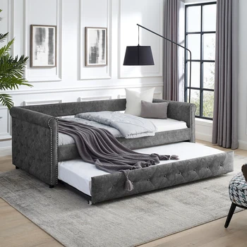 Кушетка с мягким хохлатым диваном-кроватью, с пуговицей и медным гвоздем на подлокотниках, оба размера Twin, серый (85,5 “x42” x30,5 “)
