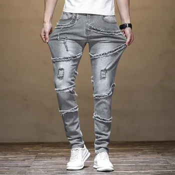 Летние мужские джинсы Светло-серые Приталенные Мотоциклетные С меховой опушкой, модные брюки до середины талии, джинсовые брюки с вышивкой, хлопок