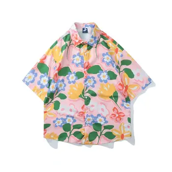 Летняя мужская и женская рубашка оверсайз с короткими рукавами и контрастным цветочным принтом в американском стиле для лета