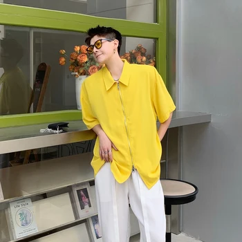 Летняя Удобная Шелковая Желтая рубашка с двойной молнией 2022 Года, Мужские И Женские Корейские модные рубашки с коротким рукавом Camisa Masculina
