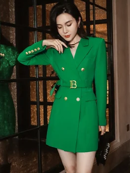 Модный зеленый уличный пиджак высокого качества, приталенный и двубортный, новое платье-костюм для модных женщин