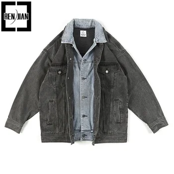 Мужская джинсовая куртка Hi Street, поддельное джинсовое пальто из двух частей, высококачественная ковбойская верхняя одежда в стиле пэчворк