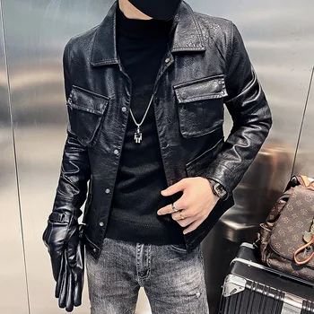 Мужская мотоциклетная кожаная куртка, осенние тонкие модные куртки для верховой езды, кожаное пальто из искусственной мягкой кожи с несколькими карманами