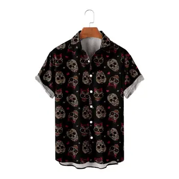 Мужская Черная рубашка с принтом черепа, уличная одежда, Летние гавайские рубашки, пляжные модные топы с коротким рукавом, блузка