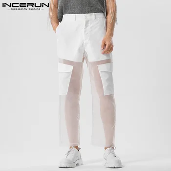 Мужские брюки с сетчатыми пуговицами в стиле пэчворк, Уличная одежда, Прозрачные Прямые Брюки, Мужские Джоггеры с карманами 2023 года, Модные Панталоны S-5XL INCERUN