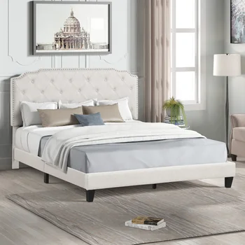 Мягкая кровать на платформе с классическим деревянным изголовьем, требуется пружинный блок, бежевая льняная ткань, Мебель для спальни размера 