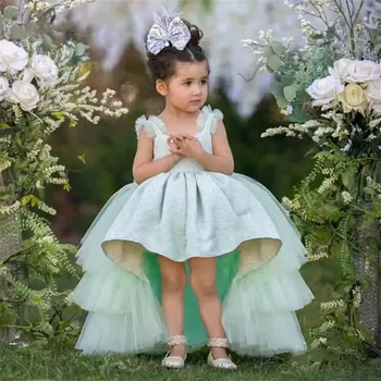 Мятно-зеленые многоуровневые платья с оборками для девочек в цветочек на свадьбу, детские праздничные платья, детские платья на день рождения, платья для первого причастия