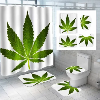 Набор для ванной с рисунком листьев конопли, Водонепроницаемая занавеска для душа, Противоскользящие коврики, крышка унитаза, коврик для ванной, Набор штор для ванной