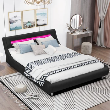 Низкопрофильная кровать-платформа с мягкой обивкой размера Queen Size со светодиодным изголовьем, черная