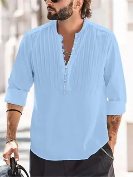 Новая мужская льняная рубашка с длинными рукавами, дышащая рубашка, Однотонная Повседневная рубашка из хлопка и льна, топы 2023