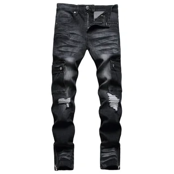 Новые черные брюки в рабочем стиле в стиле хип-хоп с застежкой-молнией, облегающие эластичные молодежные модные джинсы для танцев, мужские прямые брюки