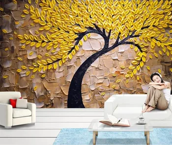 обои на заказ beibehang 3D желтое дерево Удачи картина маслом стерео фото инструменты для рисования ножом обои на фоне богатства