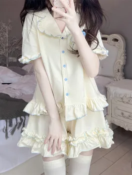 Пижама Женская Летняя одежда В Корейском стиле, Милый хлопковый пижамный комплект, Женская ночная одежда для сна, пижама Kawaii Lounge, одежда для сна