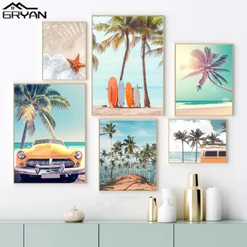 Плакат для серфинга на Калифорнийском пляже, морская звезда, доска для серфинга, морская волна, печать на холсте, картина из кокосовой пальмы, настенное искусство для путешествий, декор для автомобиля